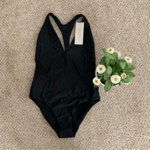 NWT SWEATY BETTY LONDON SWIMSUIT Women’s L fits M/L one piece black mesh cutouts